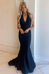 Mermaid Prom Dress Deep V Neck Black Long Evening Dress with Open Back