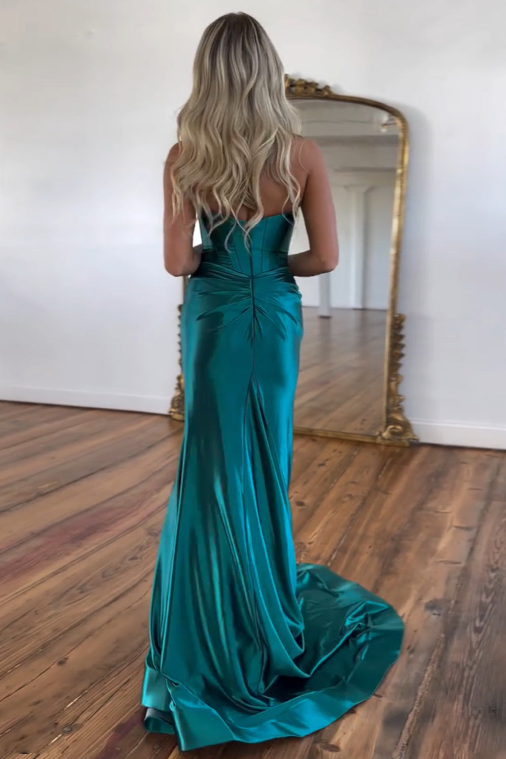 Mermaid Prom Dress Emerald Green Sweetheart Corset Satin Evening Dress with Slit
