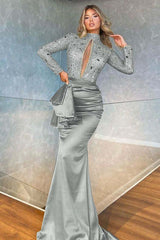 Mermaid Prom Dress Green Long Sleeve High Neck Beaded Evening Dress