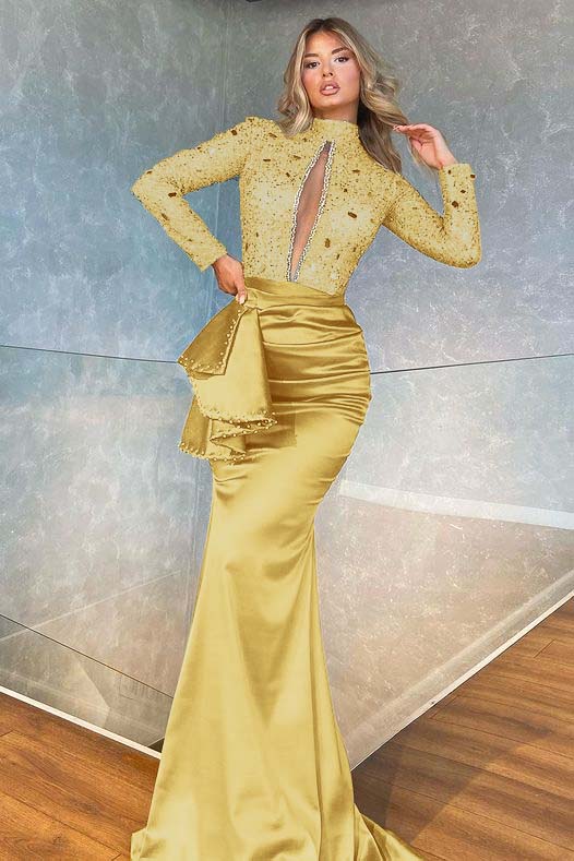 Mermaid Prom Dress Green Long Sleeve High Neck Beaded Evening Dress