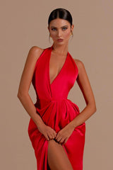 Mermaid Prom Dress Halter Neck Sleeveless Satin Evening Dress