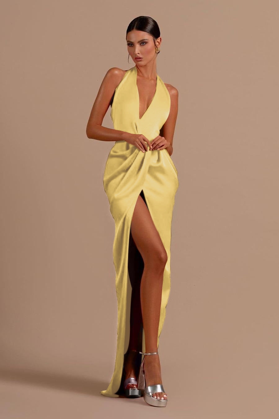 Mermaid Prom Dress Halter Neck Sleeveless Satin Evening Dress