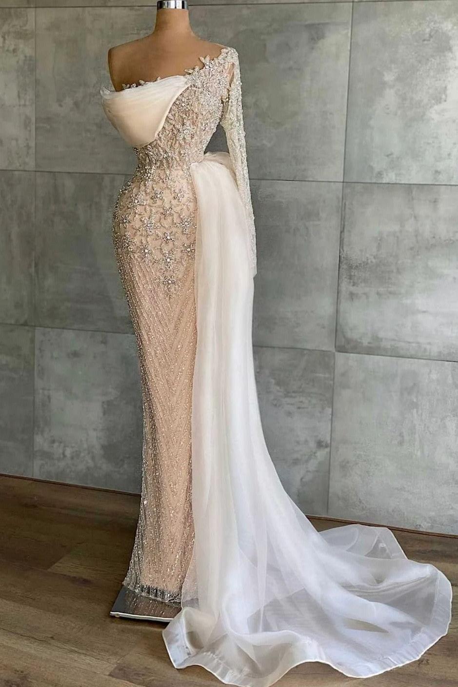 Mermaid Prom Dress Long Sleeve Asymmetric Beaded Evening Dress