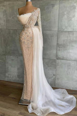 Mermaid Prom Dress Long Sleeve Asymmetric Beaded Evening Dress