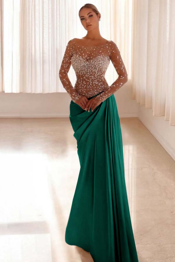 Mermaid Prom Dress Long Sleeve Bateau Neck Beaded Evening Dress