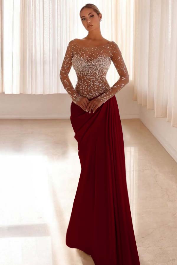 Mermaid Prom Dress Long Sleeve Bateau Neck Beaded Evening Dress