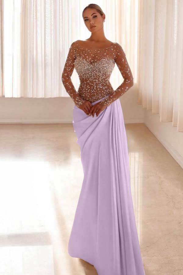 Mermaid Prom Dress Long Sleeve Bateau Neck Beaded Evening Dress