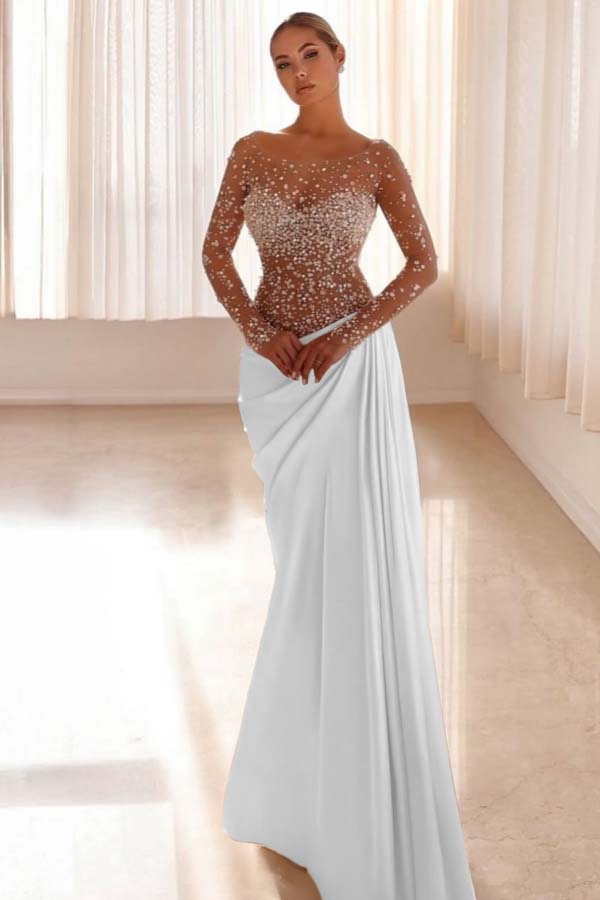 Mermaid Prom Dress Long Sleeve Bateau Neck Beaded Evening Dress