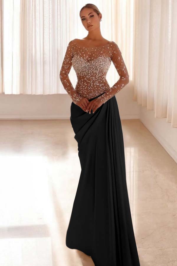 Mermaid Prom Dress Long Sleeve Bateau Neck Beaded Evening Dress