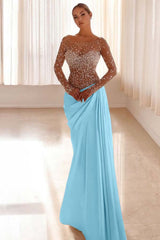 Mermaid Prom Dress Long Sleeve Bateau Neck Beaded Evening Dress