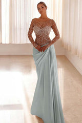 Mermaid Prom Dress Long Sleeve Bateau Neck Beaded Evening Dress