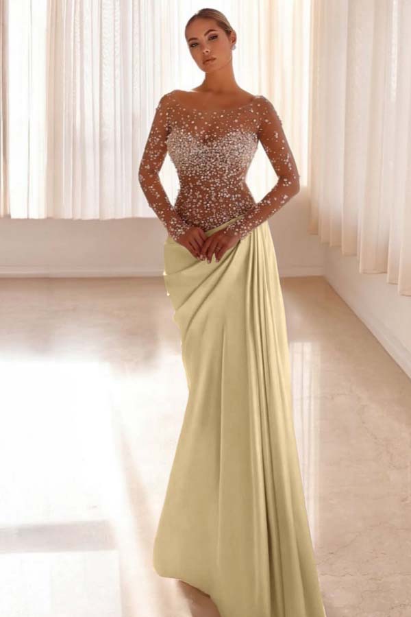 Mermaid Prom Dress Long Sleeve Bateau Neck Beaded Evening Dress