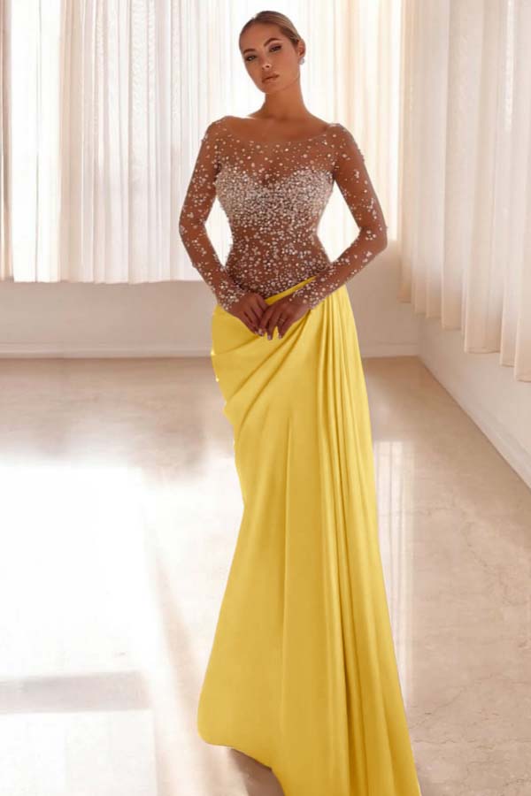 Mermaid Prom Dress Long Sleeve Bateau Neck Beaded Evening Dress