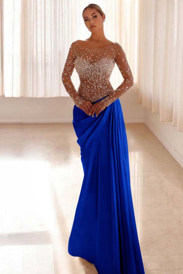 Mermaid Prom Dress Long Sleeve Bateau Neck Beaded Evening Dress