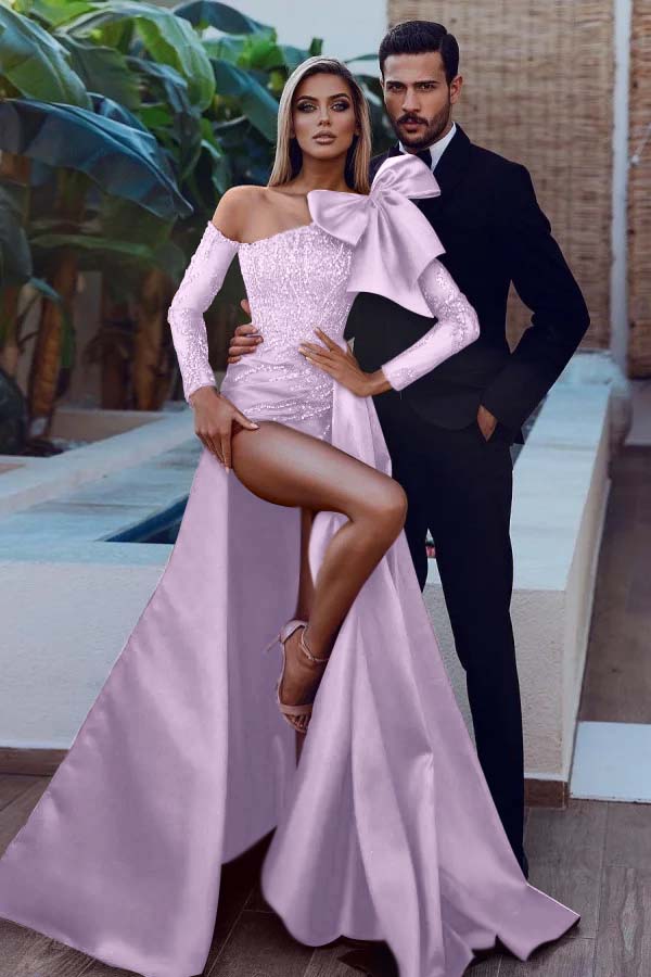 Mermaid Prom Dress Long Sleeve Beaded Asymmetric Neck Evening Dress