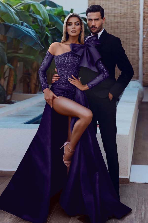 Mermaid Prom Dress Long Sleeve Beaded Asymmetric Neck Evening Dress