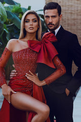 Mermaid Prom Dress Long Sleeve Beaded Asymmetric Neck Evening Dress