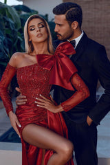 Mermaid Prom Dress Long Sleeve Beaded Asymmetric Neck Evening Dress