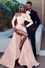 Mermaid Prom Dress Long Sleeve Beaded Asymmetric Neck Evening Dress