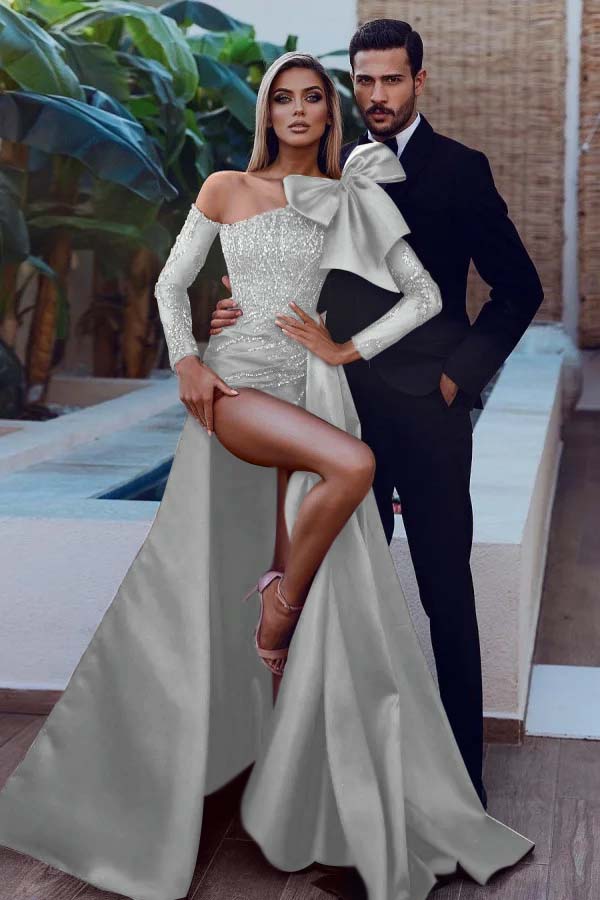 Mermaid Prom Dress Long Sleeve Beaded Asymmetric Neck Evening Dress