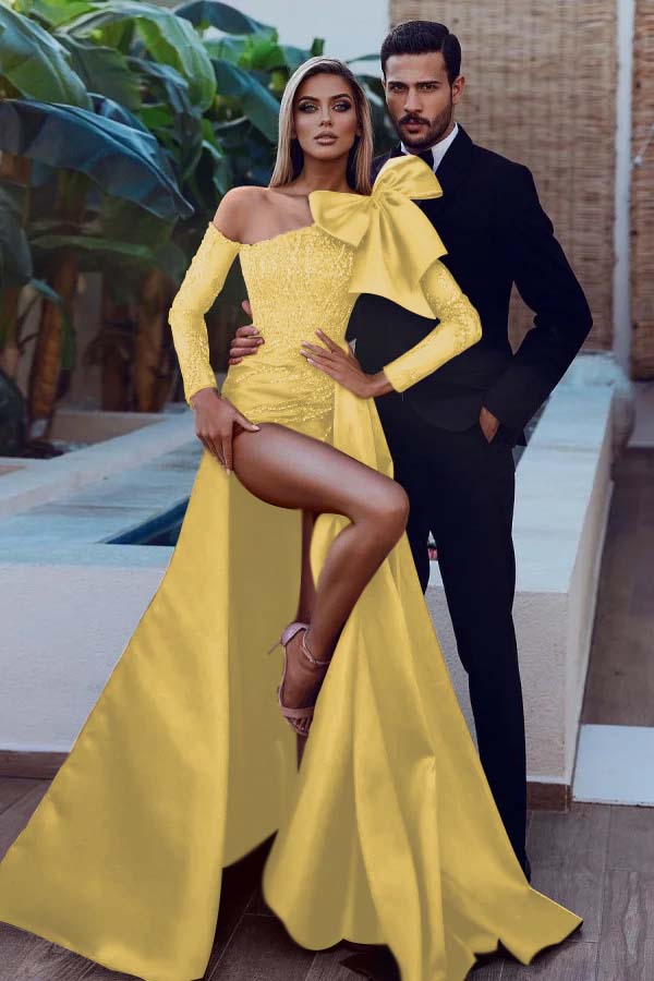 Mermaid Prom Dress Long Sleeve Beaded Asymmetric Neck Evening Dress