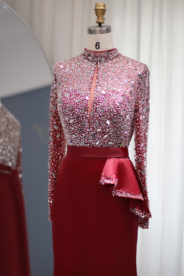 Mermaid Prom Dress Long Sleeve High Neck Beaded Evening Dress