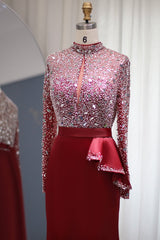 Mermaid Prom Dress Long Sleeve High Neck Beaded Evening Dress