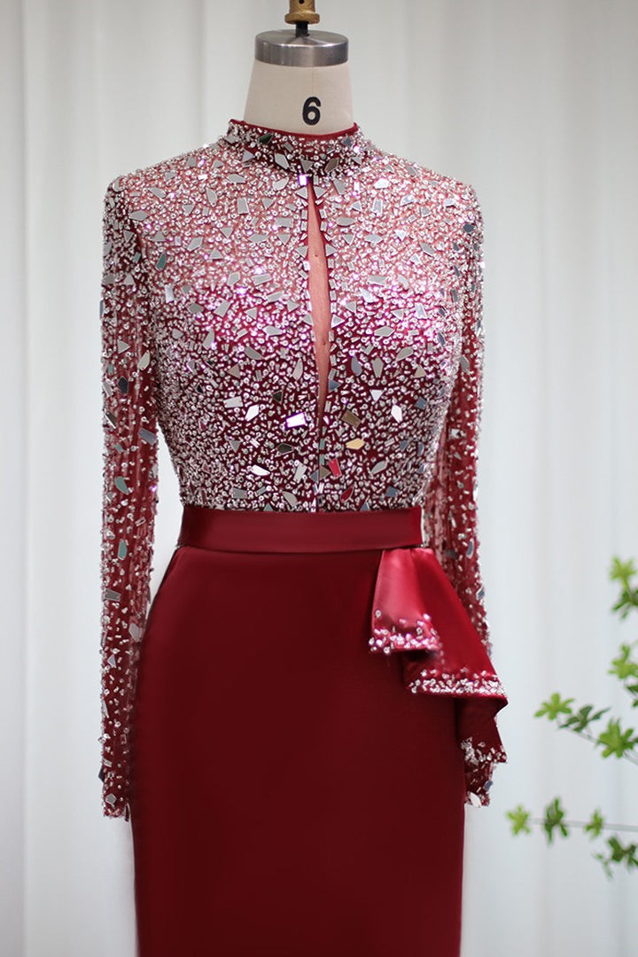 Mermaid Prom Dress Long Sleeve High Neck Beaded Evening Dress