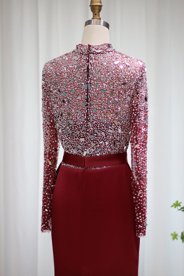 Mermaid Prom Dress Long Sleeve High Neck Beaded Evening Dress