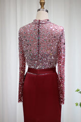 Mermaid Prom Dress Long Sleeve High Neck Beaded Evening Dress