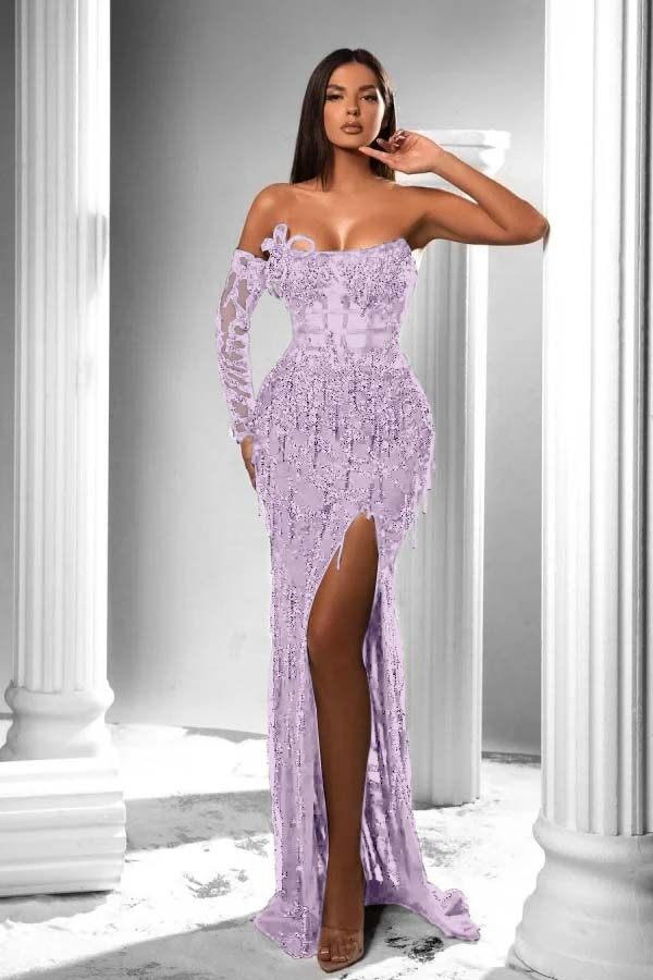 Mermaid Prom Dress Long Sleeve Strapless Sequined Evening Dress