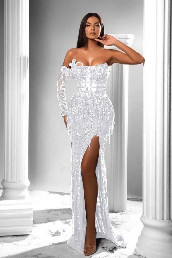Mermaid Prom Dress Long Sleeve Strapless Sequined Evening Dress
