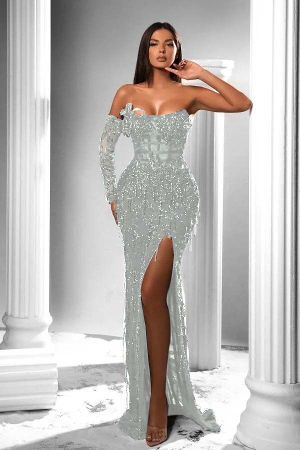 Mermaid Prom Dress Long Sleeve Strapless Sequined Evening Dress