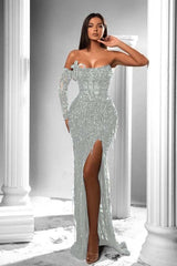 Mermaid Prom Dress Long Sleeve Strapless Sequined Evening Dress