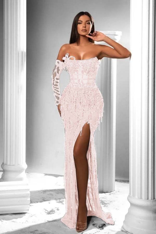 Mermaid Prom Dress Long Sleeve Strapless Sequined Evening Dress