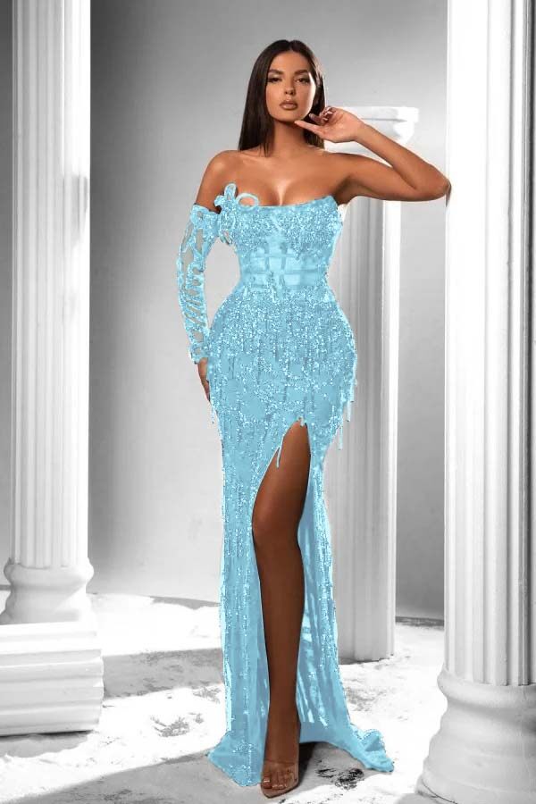 Mermaid Prom Dress Long Sleeve Strapless Sequined Evening Dress