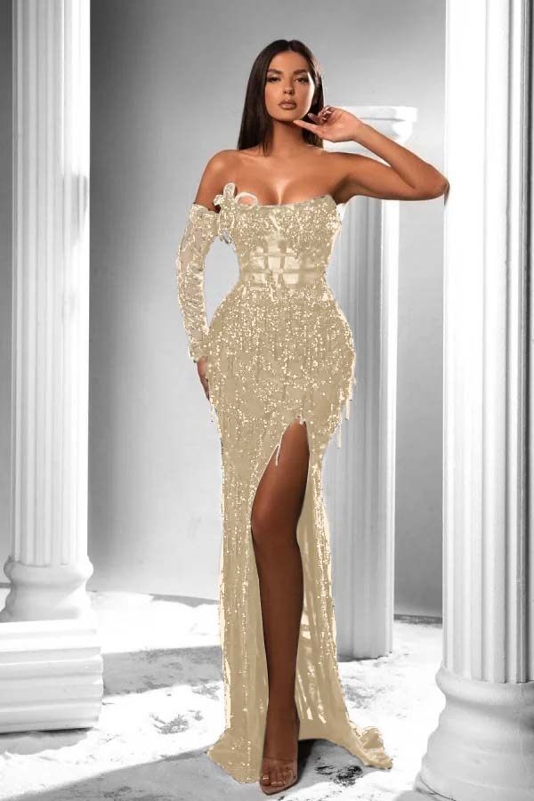 Mermaid Prom Dress Long Sleeve Strapless Sequined Evening Dress