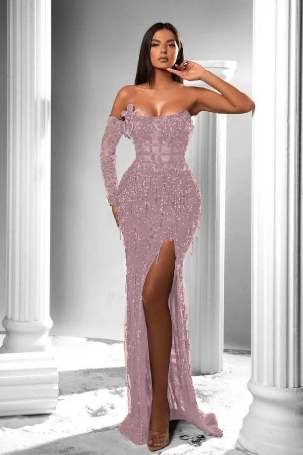 Mermaid Prom Dress Long Sleeve Strapless Sequined Evening Dress
