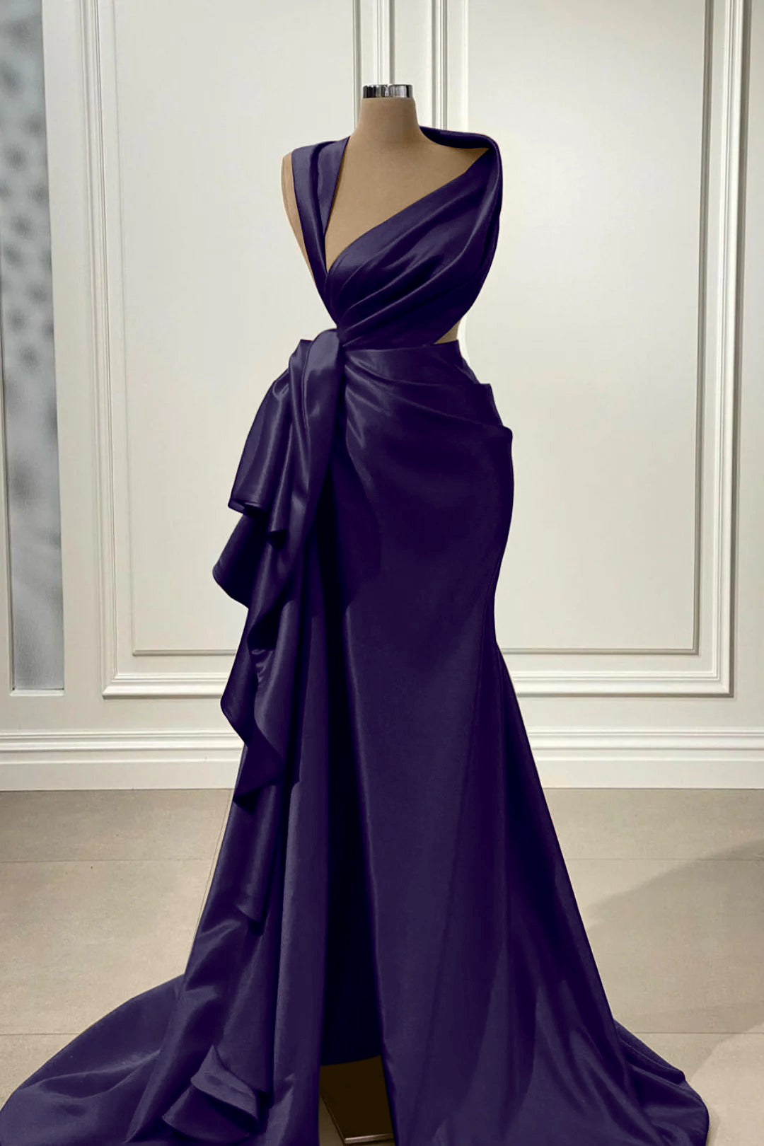 Mermaid Prom Dress Sleeveless Asymmetric Neck Satin Evening Dress