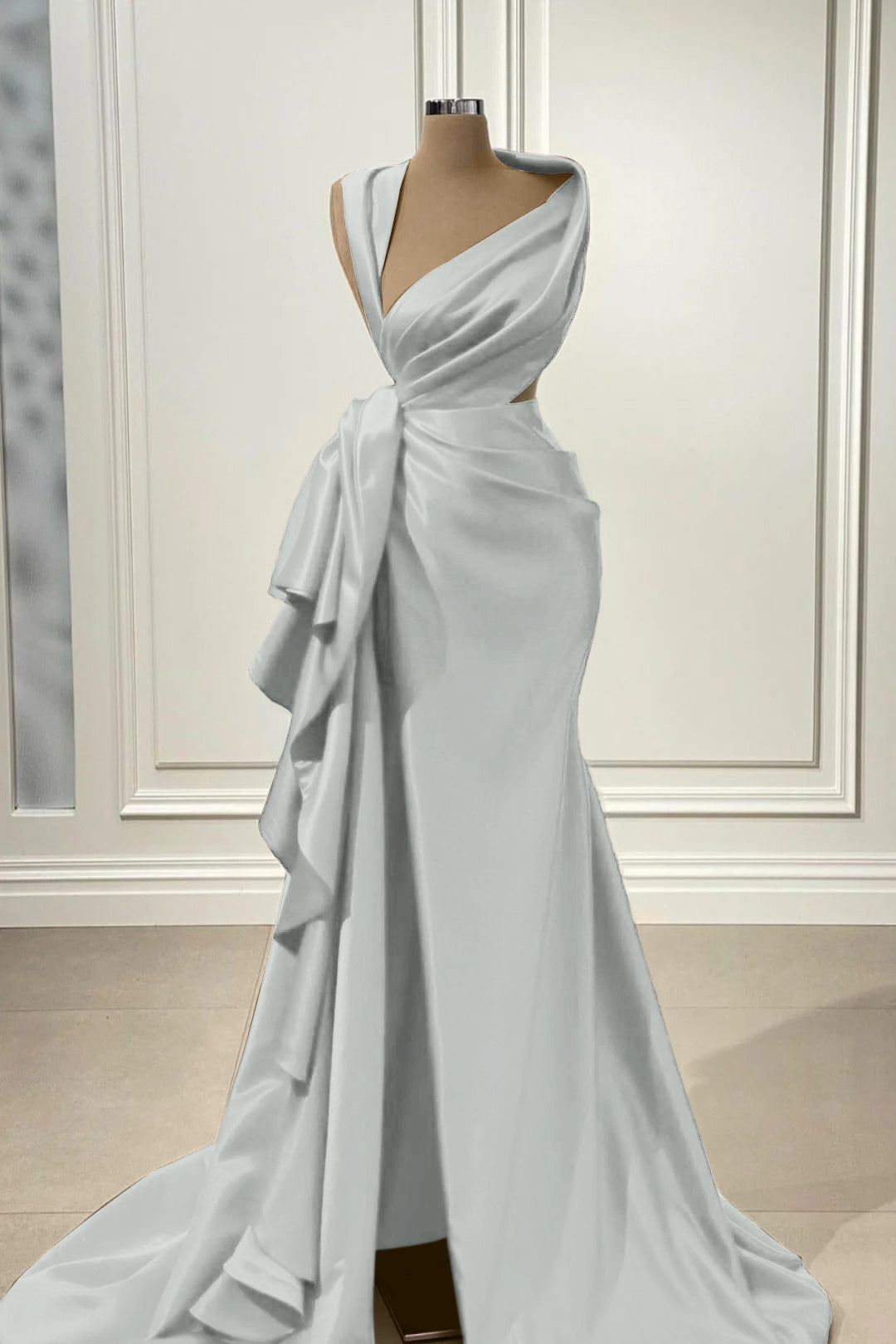 Mermaid Prom Dress Sleeveless Asymmetric Neck Satin Evening Dress