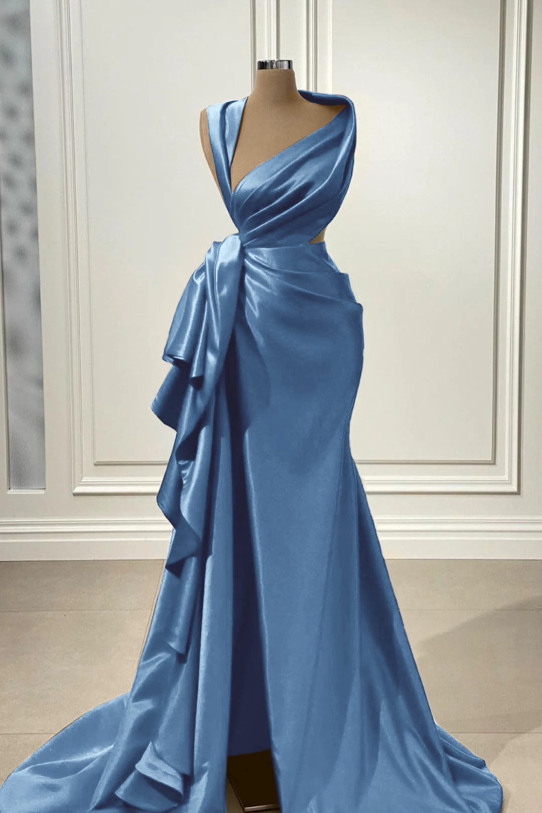 Mermaid Prom Dress Sleeveless Asymmetric Neck Satin Evening Dress