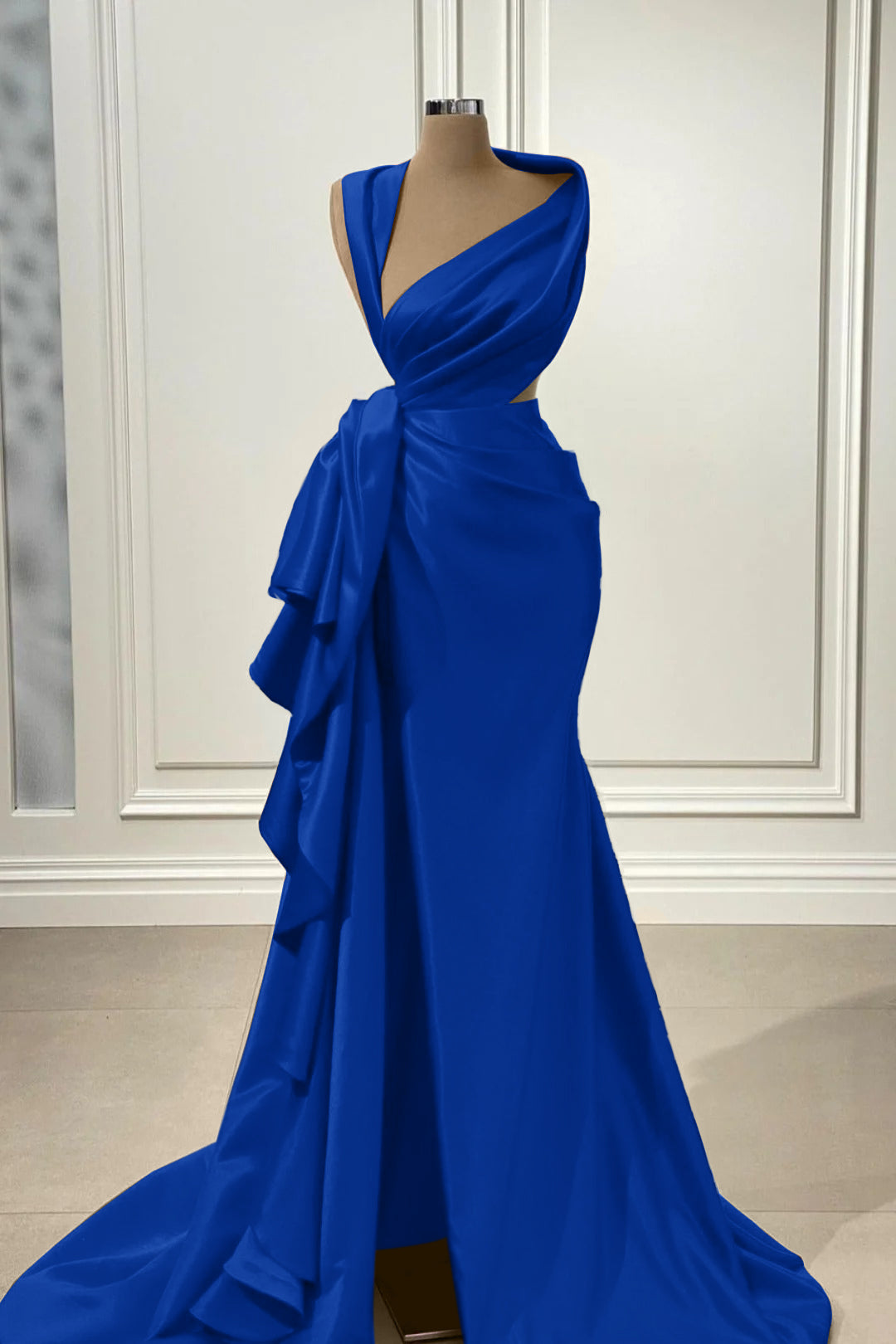 Mermaid Prom Dress Sleeveless Asymmetric Neck Satin Evening Dress