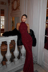 Mermaid Prom Dress Sleeveless High Neck Sequined Evening Dress