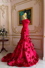 Mermaid Prom Dress Sleeveless Strapless Satin Evening Dress With 3D Flowers
