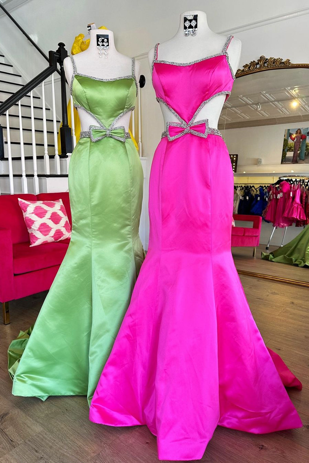 Mermaid Prom Dress Spaghetti Straps Long Evening Dress with Bow