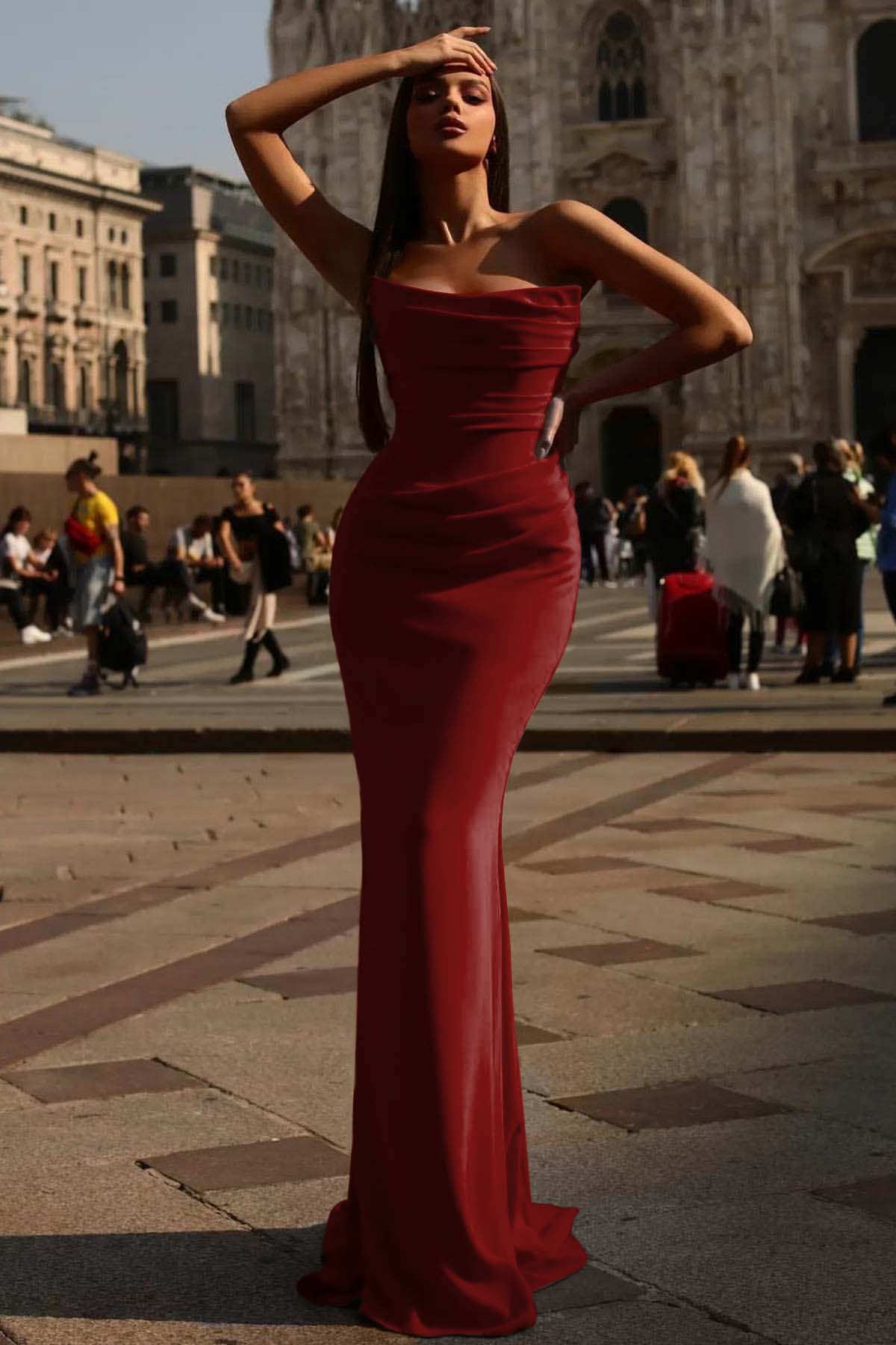 Mermaid Prom Dress Strapless Satin Sleeveless Evening Dress