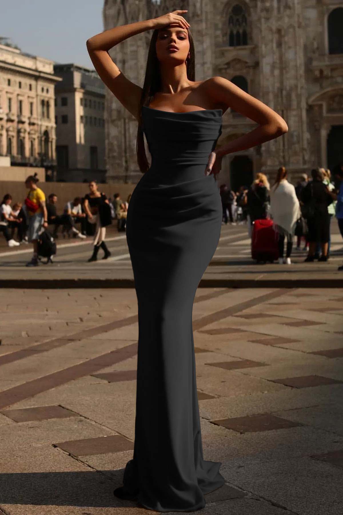 Mermaid Prom Dress Strapless Satin Sleeveless Evening Dress