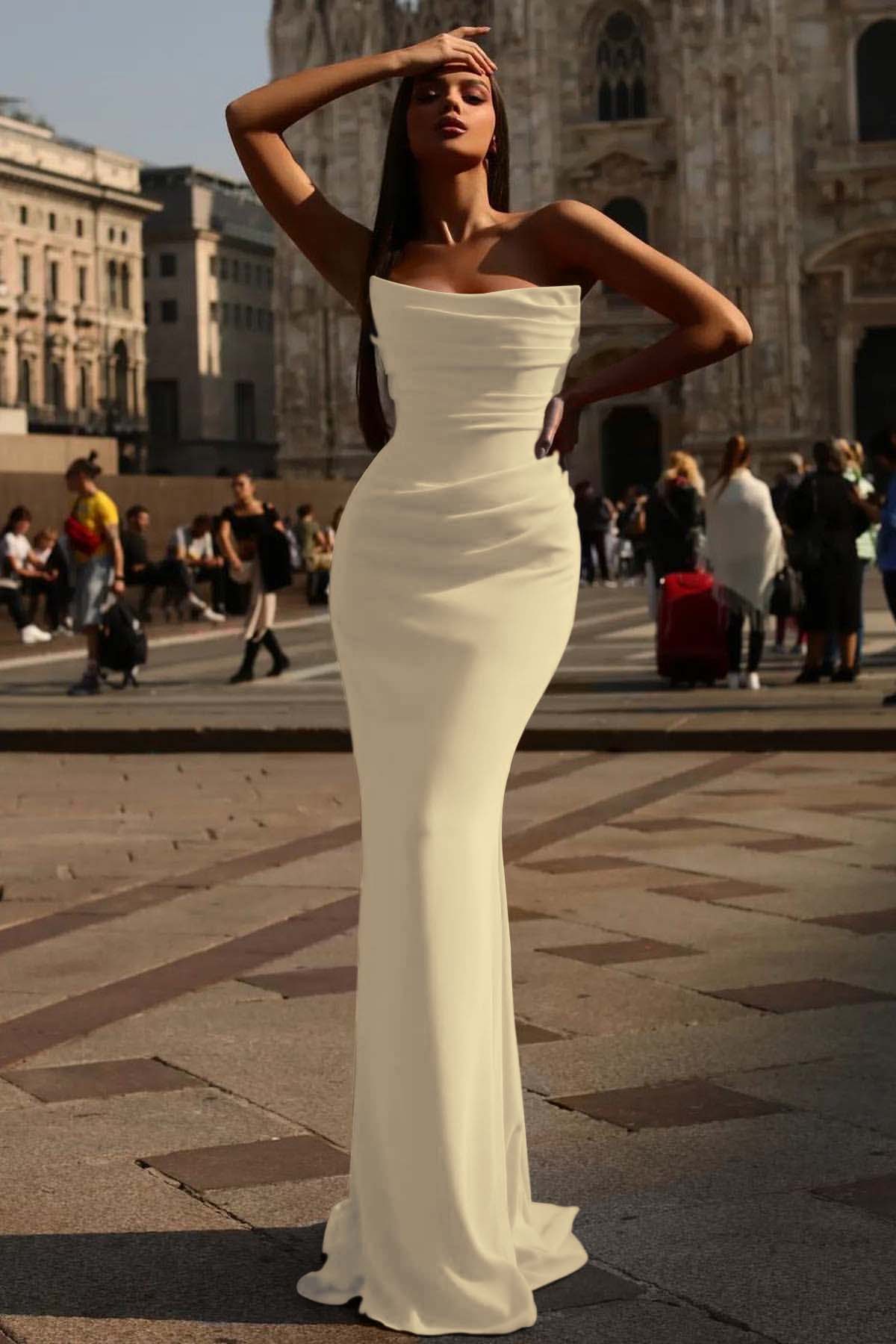 Mermaid Prom Dress Strapless Satin Sleeveless Evening Dress