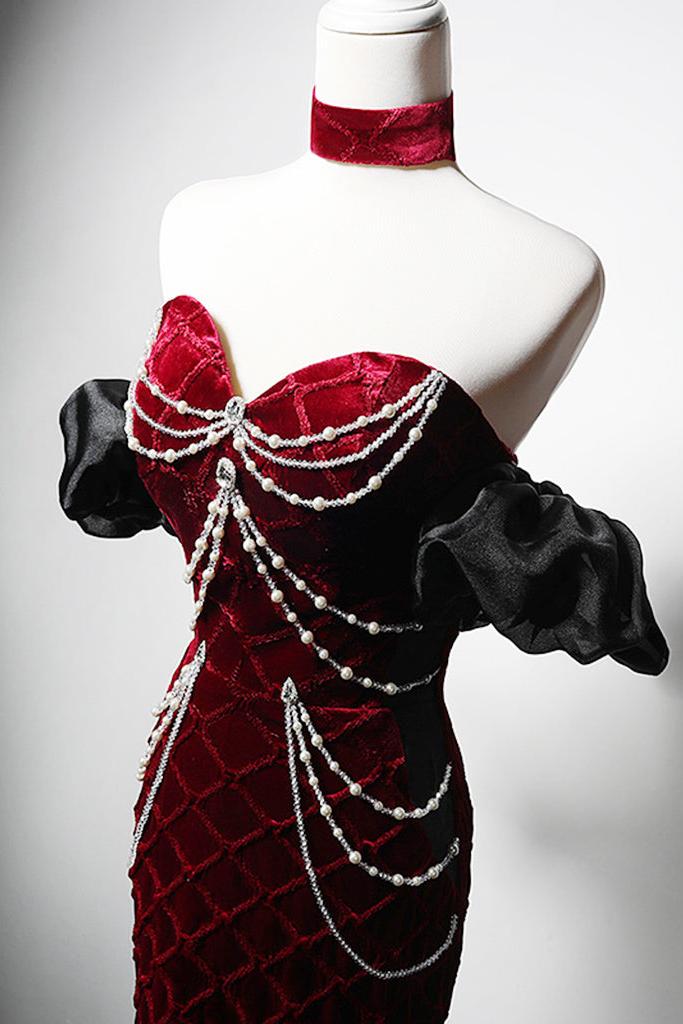Mermaid Prom Dress Velvet Burgundy Long Evening Dress