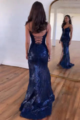 Mermaid Prom Dress With Spaghetti Straps Lace Up Back Corset Bodice And Slit Formal Evening Gown